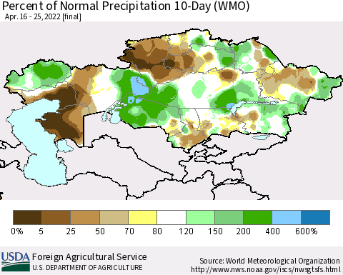 Kazakhstan Percent of Normal Precipitation 10-Day (WMO) Thematic Map For 4/16/2022 - 4/25/2022
