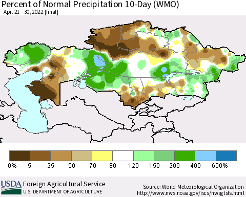 Kazakhstan Percent of Normal Precipitation 10-Day (WMO) Thematic Map For 4/21/2022 - 4/30/2022