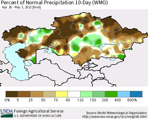 Kazakhstan Percent of Normal Precipitation 10-Day (WMO) Thematic Map For 4/26/2022 - 5/5/2022
