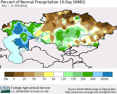 Kazakhstan Percent of Normal Precipitation 10-Day (WMO) Thematic Map For 5/1/2022 - 5/10/2022