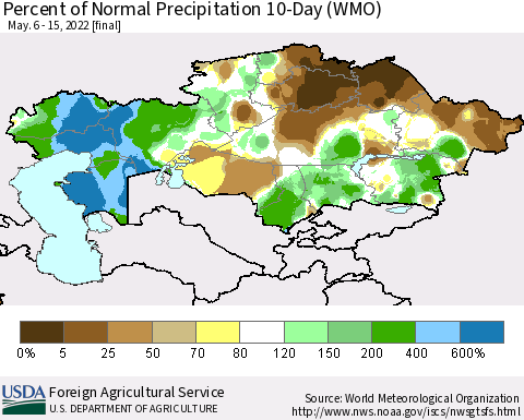 Kazakhstan Percent of Normal Precipitation 10-Day (WMO) Thematic Map For 5/6/2022 - 5/15/2022