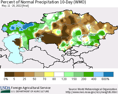 Kazakhstan Percent of Normal Precipitation 10-Day (WMO) Thematic Map For 5/11/2022 - 5/20/2022
