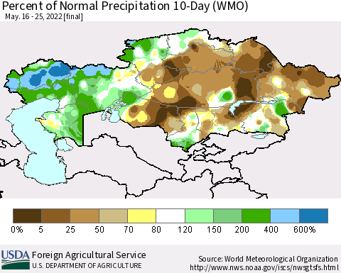 Kazakhstan Percent of Normal Precipitation 10-Day (WMO) Thematic Map For 5/16/2022 - 5/25/2022