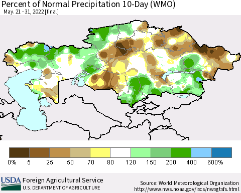 Kazakhstan Percent of Normal Precipitation 10-Day (WMO) Thematic Map For 5/21/2022 - 5/31/2022