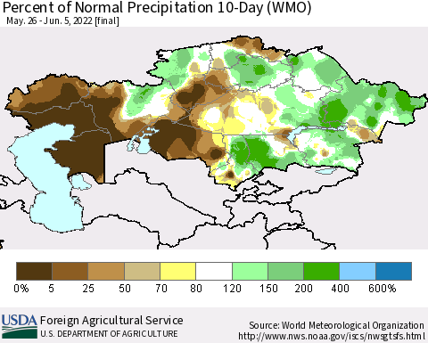 Kazakhstan Percent of Normal Precipitation 10-Day (WMO) Thematic Map For 5/26/2022 - 6/5/2022
