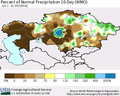 Kazakhstan Percent of Normal Precipitation 10-Day (WMO) Thematic Map For 6/1/2022 - 6/10/2022