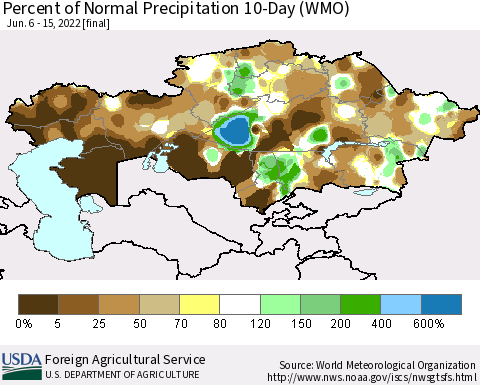 Kazakhstan Percent of Normal Precipitation 10-Day (WMO) Thematic Map For 6/6/2022 - 6/15/2022