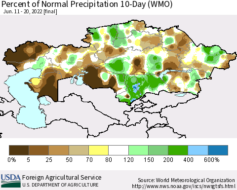 Kazakhstan Percent of Normal Precipitation 10-Day (WMO) Thematic Map For 6/11/2022 - 6/20/2022