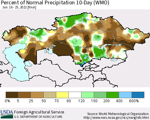 Kazakhstan Percent of Normal Precipitation 10-Day (WMO) Thematic Map For 6/16/2022 - 6/25/2022
