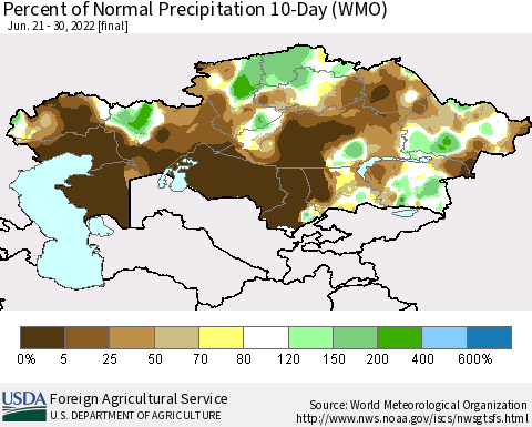 Kazakhstan Percent of Normal Precipitation 10-Day (WMO) Thematic Map For 6/21/2022 - 6/30/2022
