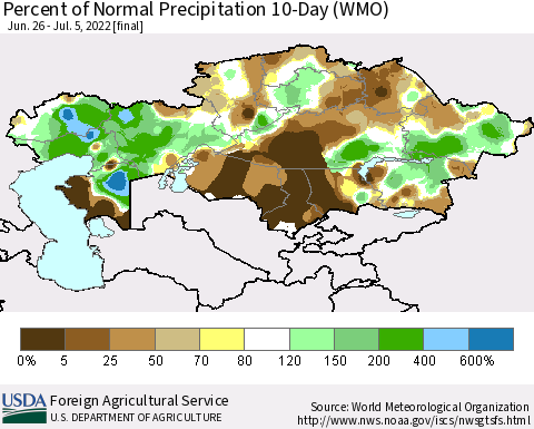 Kazakhstan Percent of Normal Precipitation 10-Day (WMO) Thematic Map For 6/26/2022 - 7/5/2022