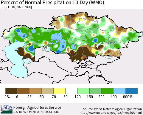Kazakhstan Percent of Normal Precipitation 10-Day (WMO) Thematic Map For 7/1/2022 - 7/10/2022