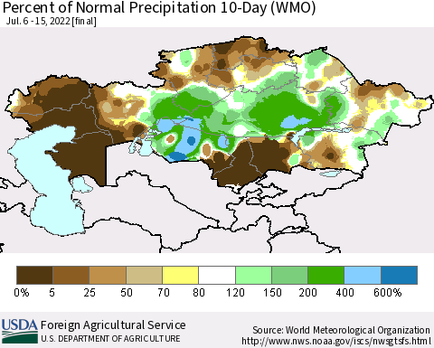 Kazakhstan Percent of Normal Precipitation 10-Day (WMO) Thematic Map For 7/6/2022 - 7/15/2022