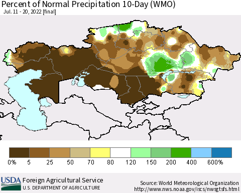 Kazakhstan Percent of Normal Precipitation 10-Day (WMO) Thematic Map For 7/11/2022 - 7/20/2022