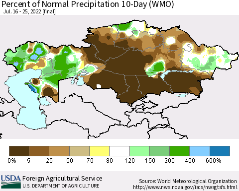 Kazakhstan Percent of Normal Precipitation 10-Day (WMO) Thematic Map For 7/16/2022 - 7/25/2022