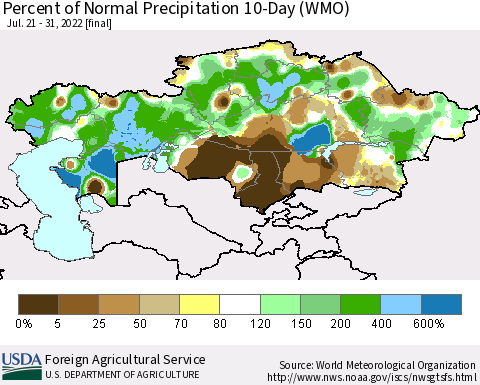 Kazakhstan Percent of Normal Precipitation 10-Day (WMO) Thematic Map For 7/21/2022 - 7/31/2022