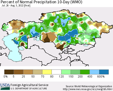 Kazakhstan Percent of Normal Precipitation 10-Day (WMO) Thematic Map For 7/26/2022 - 8/5/2022