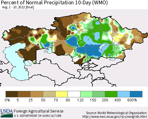 Kazakhstan Percent of Normal Precipitation 10-Day (WMO) Thematic Map For 8/1/2022 - 8/10/2022