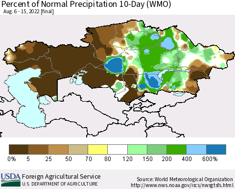Kazakhstan Percent of Normal Precipitation 10-Day (WMO) Thematic Map For 8/6/2022 - 8/15/2022