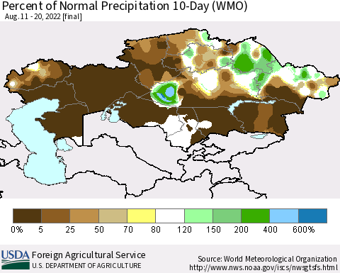 Kazakhstan Percent of Normal Precipitation 10-Day (WMO) Thematic Map For 8/11/2022 - 8/20/2022