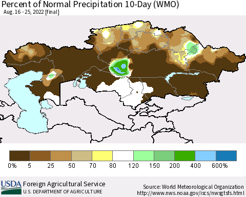 Kazakhstan Percent of Normal Precipitation 10-Day (WMO) Thematic Map For 8/16/2022 - 8/25/2022