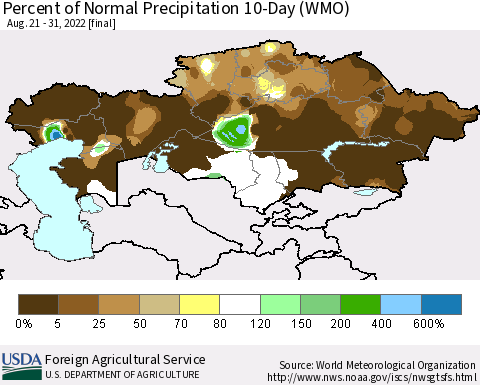Kazakhstan Percent of Normal Precipitation 10-Day (WMO) Thematic Map For 8/21/2022 - 8/31/2022