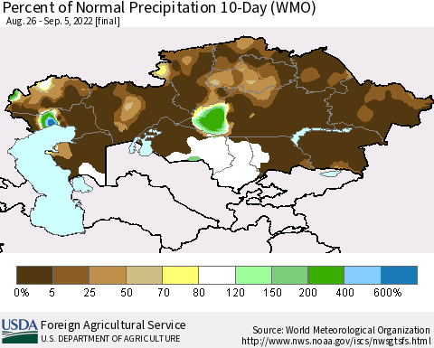 Kazakhstan Percent of Normal Precipitation 10-Day (WMO) Thematic Map For 8/26/2022 - 9/5/2022