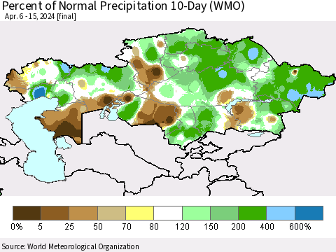 Kazakhstan Percent of Normal Precipitation 10-Day (WMO) Thematic Map For 4/6/2024 - 4/15/2024