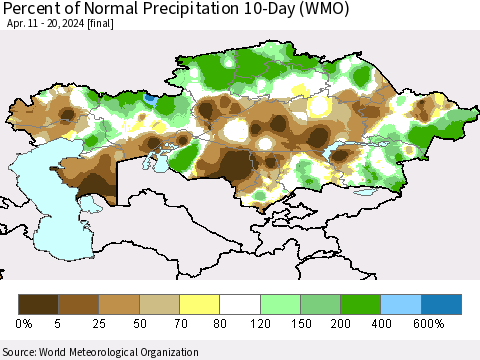Kazakhstan Percent of Normal Precipitation 10-Day (WMO) Thematic Map For 4/11/2024 - 4/20/2024