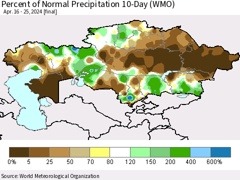 Kazakhstan Percent of Normal Precipitation 10-Day (WMO) Thematic Map For 4/16/2024 - 4/25/2024