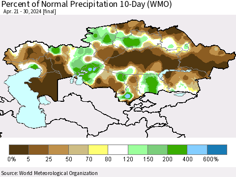 Kazakhstan Percent of Normal Precipitation 10-Day (WMO) Thematic Map For 4/21/2024 - 4/30/2024