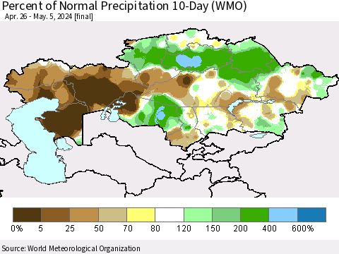 Kazakhstan Percent of Normal Precipitation 10-Day (WMO) Thematic Map For 4/26/2024 - 5/5/2024
