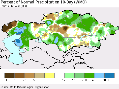 Kazakhstan Percent of Normal Precipitation 10-Day (WMO) Thematic Map For 5/1/2024 - 5/10/2024