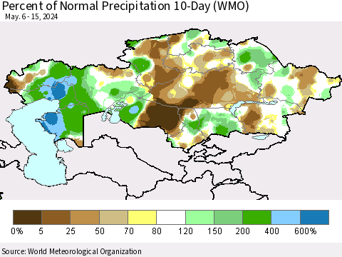 Kazakhstan Percent of Normal Precipitation 10-Day (WMO) Thematic Map For 5/6/2024 - 5/15/2024