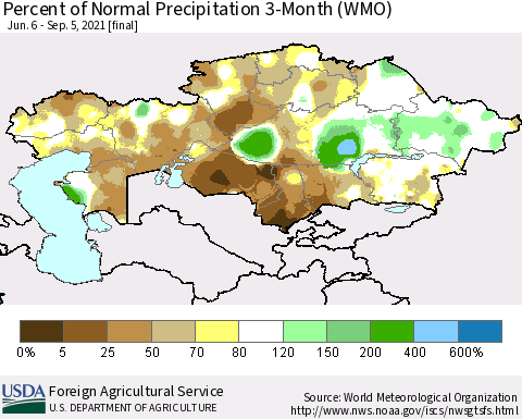 Kazakhstan Percent of Normal Precipitation 3-Month (WMO) Thematic Map For 6/6/2021 - 9/5/2021