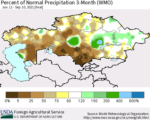Kazakhstan Percent of Normal Precipitation 3-Month (WMO) Thematic Map For 6/11/2021 - 9/10/2021