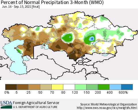 Kazakhstan Percent of Normal Precipitation 3-Month (WMO) Thematic Map For 6/16/2021 - 9/15/2021