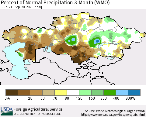 Kazakhstan Percent of Normal Precipitation 3-Month (WMO) Thematic Map For 6/21/2021 - 9/20/2021