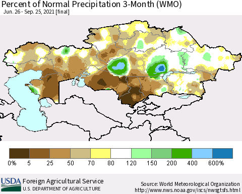 Kazakhstan Percent of Normal Precipitation 3-Month (WMO) Thematic Map For 6/26/2021 - 9/25/2021