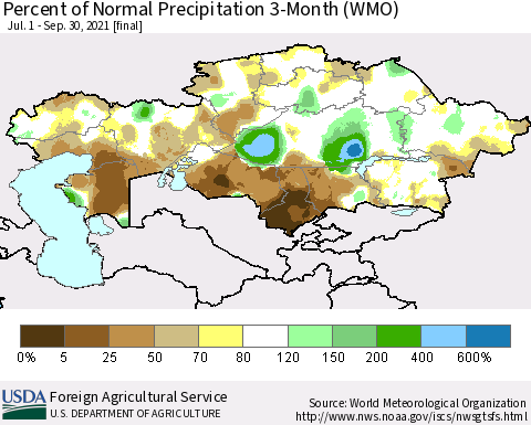 Kazakhstan Percent of Normal Precipitation 3-Month (WMO) Thematic Map For 7/1/2021 - 9/30/2021