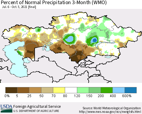 Kazakhstan Percent of Normal Precipitation 3-Month (WMO) Thematic Map For 7/6/2021 - 10/5/2021