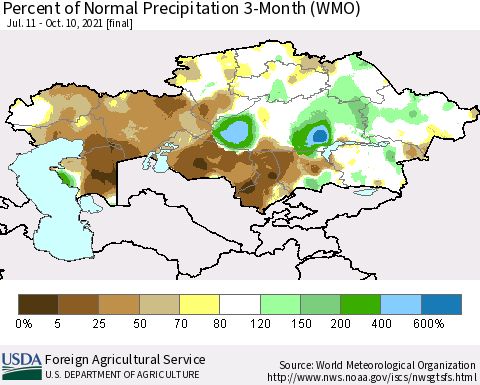 Kazakhstan Percent of Normal Precipitation 3-Month (WMO) Thematic Map For 7/11/2021 - 10/10/2021