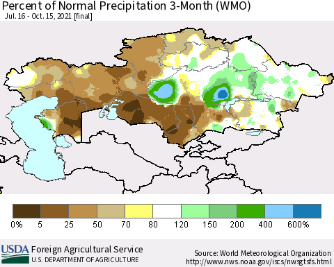 Kazakhstan Percent of Normal Precipitation 3-Month (WMO) Thematic Map For 7/16/2021 - 10/15/2021