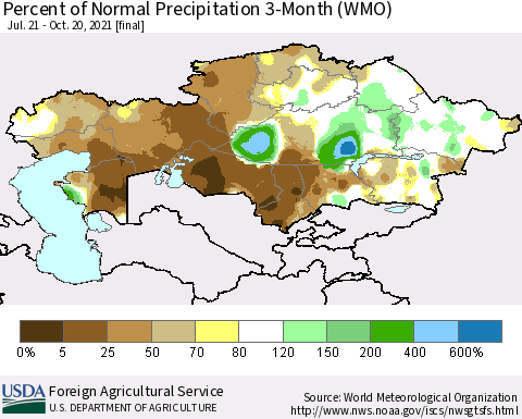 Kazakhstan Percent of Normal Precipitation 3-Month (WMO) Thematic Map For 7/21/2021 - 10/20/2021