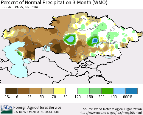 Kazakhstan Percent of Normal Precipitation 3-Month (WMO) Thematic Map For 7/26/2021 - 10/25/2021