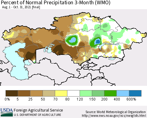 Kazakhstan Percent of Normal Precipitation 3-Month (WMO) Thematic Map For 8/1/2021 - 10/31/2021