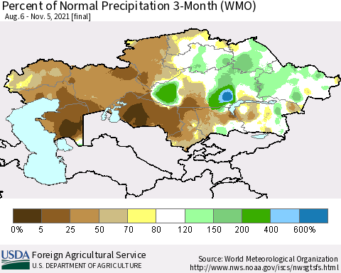 Kazakhstan Percent of Normal Precipitation 3-Month (WMO) Thematic Map For 8/6/2021 - 11/5/2021