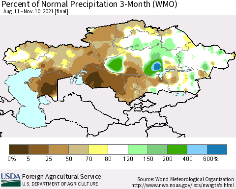Kazakhstan Percent of Normal Precipitation 3-Month (WMO) Thematic Map For 8/11/2021 - 11/10/2021
