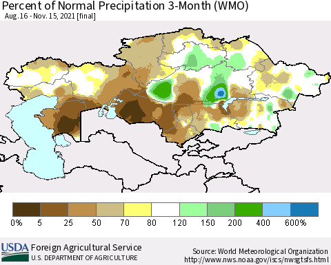 Kazakhstan Percent of Normal Precipitation 3-Month (WMO) Thematic Map For 8/16/2021 - 11/15/2021