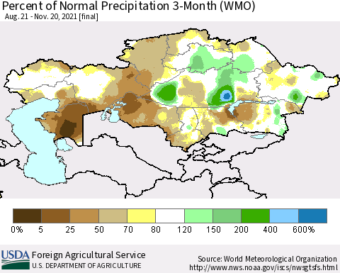Kazakhstan Percent of Normal Precipitation 3-Month (WMO) Thematic Map For 8/21/2021 - 11/20/2021